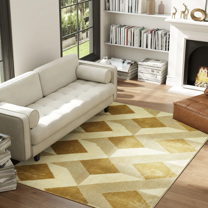 HOMCOM Tapete Sala de Estar 170x120 cm Tapete Lavável na Máquina de Lavar Pelo Curto Estilo Moderno Creme e Marrom Claro