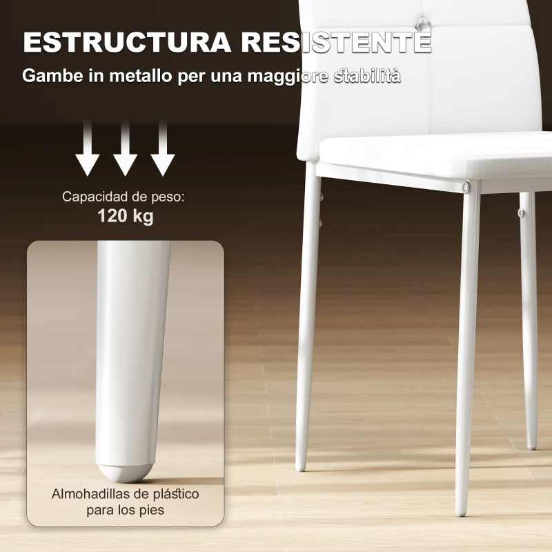HOMCOM Juego de 6 Sillas de Comedor Tapizada en PU con Respaldo Alto con Botones y Patas de Acero Diseño Moderno Blanco