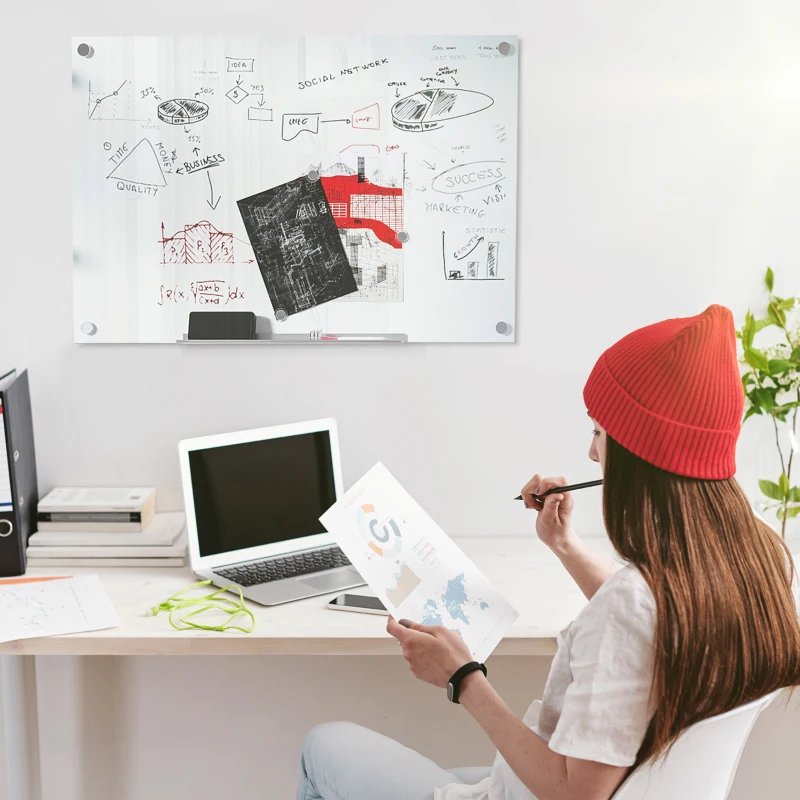 Vinsetto Lavagna Bianca in Vetro e Alluminio con 4 Pennarelli Colorati e Cancellino, 90x60x0.4 cm