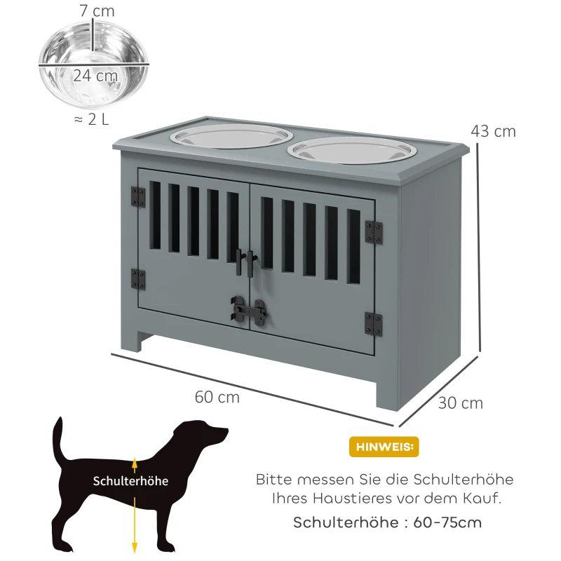 PawHut Station d'alimentation surélevée pour grands chiens, 2 bols en acier inoxydable, espace de rangement, 35,5x60x30 cm, Gris