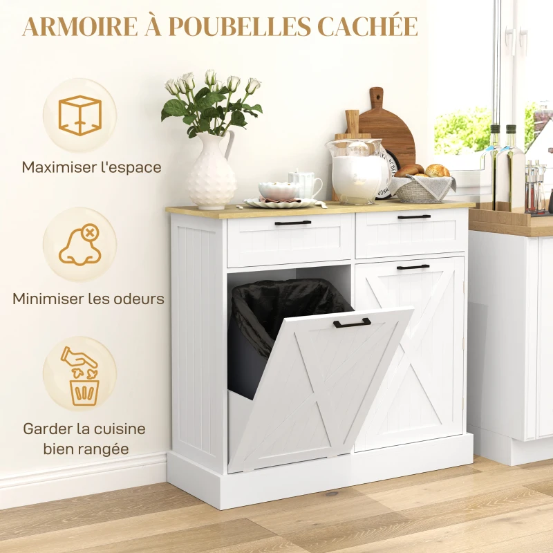 HOMCOM Buffet cuisine avec meuble poubelle 38L, meuble cuisine rangement, 2 tiroirs, étagère à épices et plan de travail, blanc(m-4)