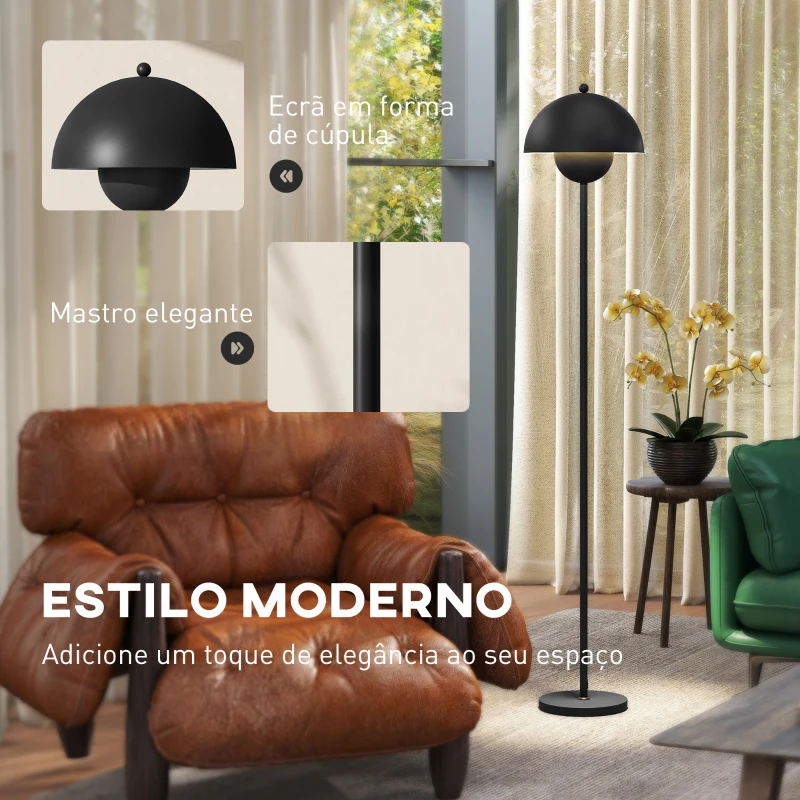 HOMCOM Candeeiro de Pé Moderno com Ecrã em Forma de Taça Refletora de Luz Interruptor de Pé Suporte E27 sem Lâmpada Ø35x155 cm Preto