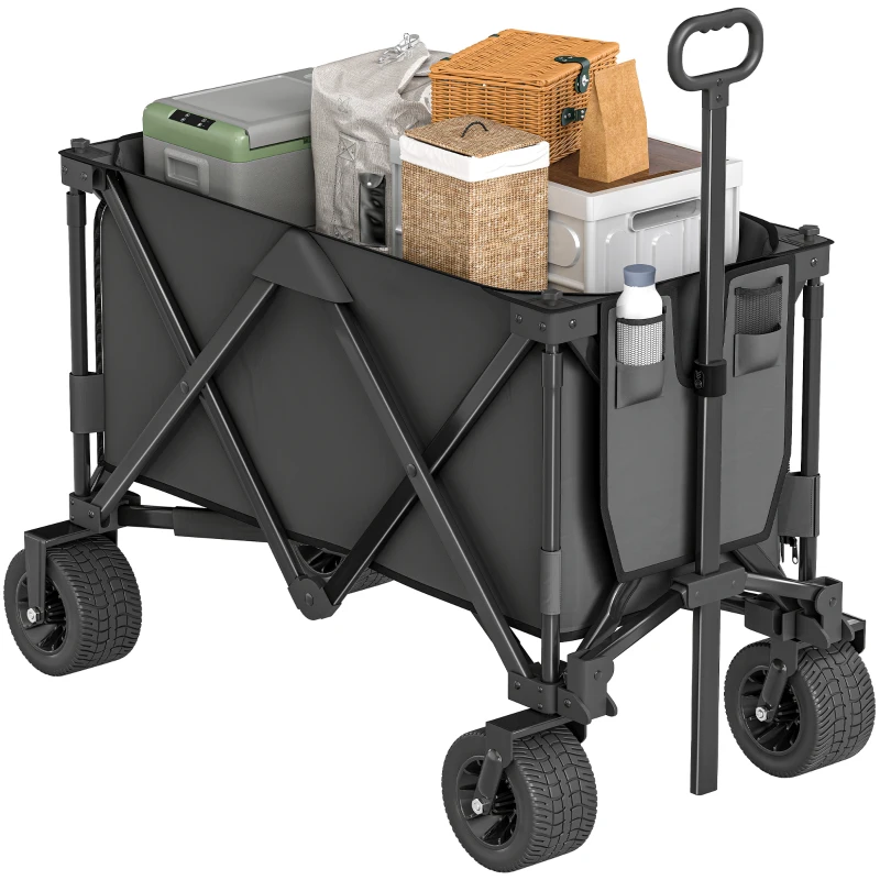 Outsunny Folding Garden Trolley, Cargo Traile on Wheels, Collapsible Camping Trolley, Outdoor Utility Wagon, Dark Grey