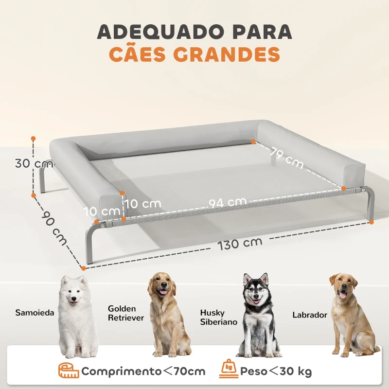 PawHut Cama Elevada para Cães com Latertais Amovíveis Cama Elevada para Cães Grandes Portátil com Malha Respirável 130x90x30 cm Cinza Claro