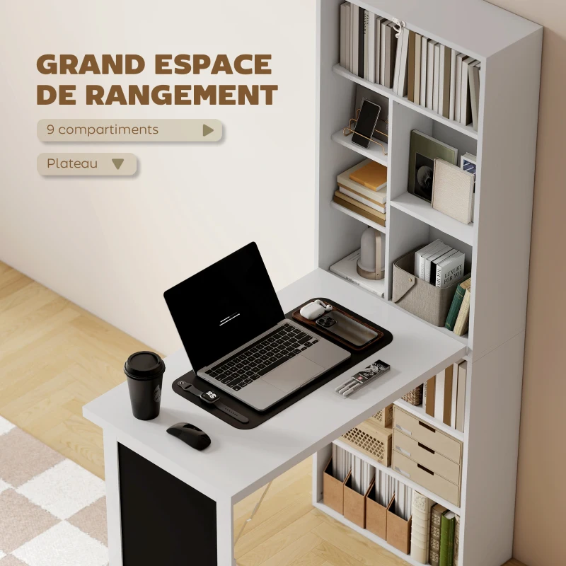 HOMCOM Bureau avec rangement pliable murale rabattable avec bibliothèque poste de travail tableau à craie et étagère réglable