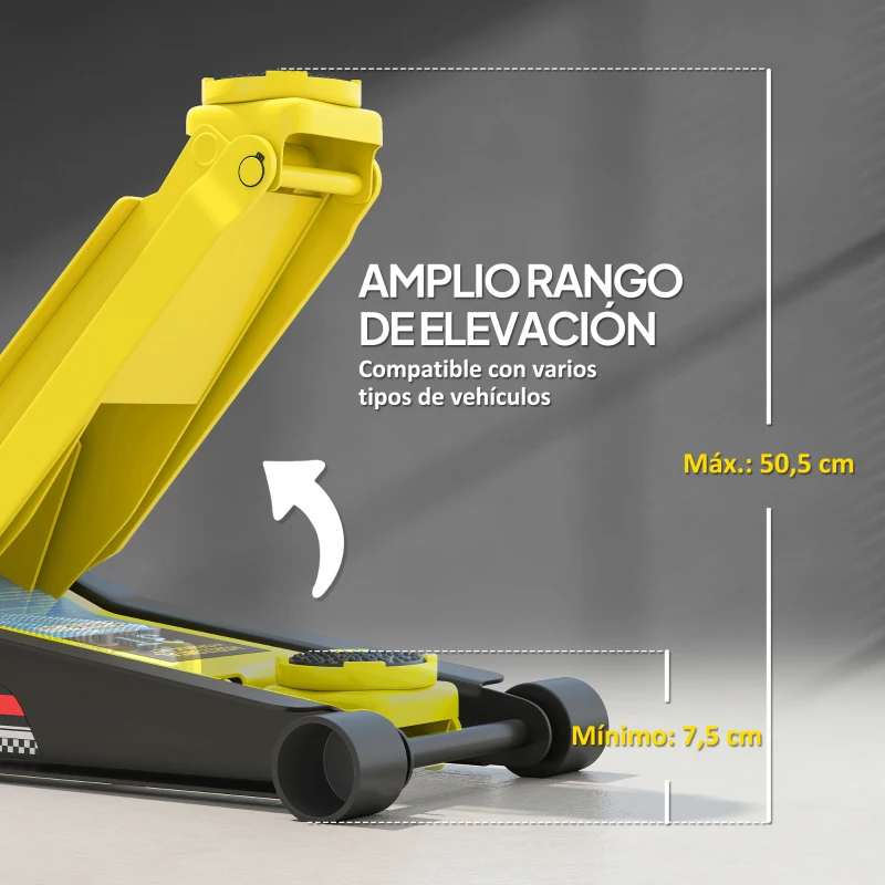 HOMCOM Gato Hidráulico para Coche 3T Altura de Elevación 75-505 mm con Bomba de Doble Pistón Ruedas Mango de Aluminio Amarillo