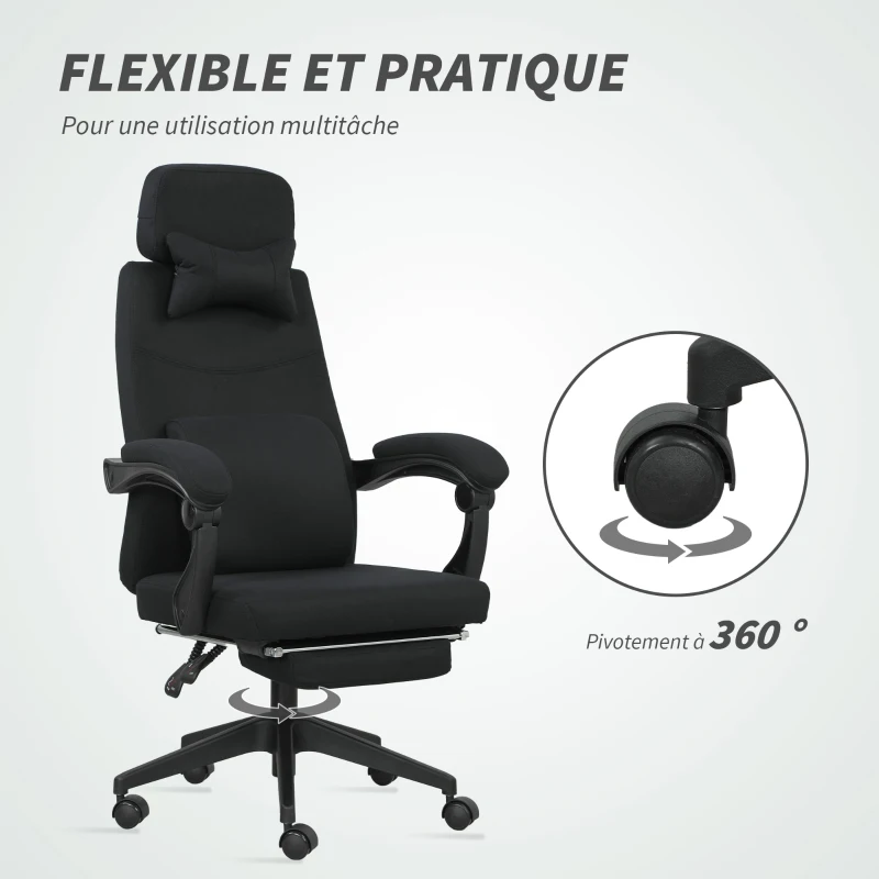 Vinsetto Fauteuil de bureau chaise de bureau grand confort dossier réglable repose-pied roulettes 360° lin 62 x 68 x 127 cm noir