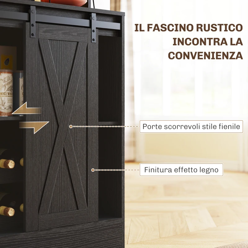 HOMCOM Credenza da Cucina Alta Stile Rustico con 2 Armadietti, Portabottiglie, Prese di Ricarica e Luci LED, Nero