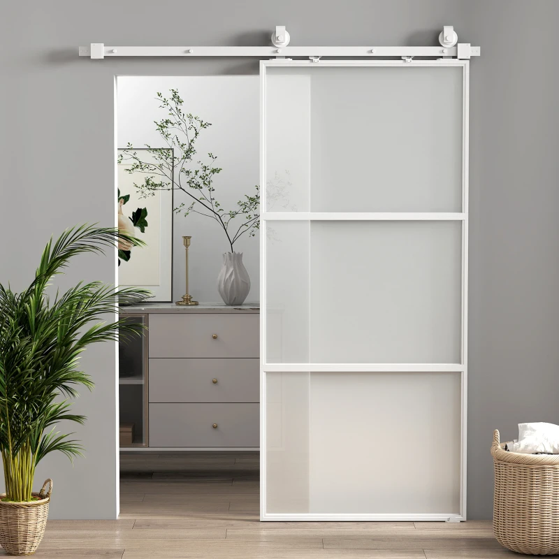 HOMCOM Porta de Correr de Vidro com Mecanismo de Fecho Suave para Casa de Banho Sala de Estar Cozinha 91,4x203,2 cm Branco