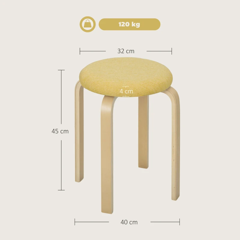 HOMCOM Conjunto de 4 Bancos Empilháveis Redondos Bancos Baixos de Cozinha com Assento Acolchoado Ø40x45 cm Amarelo e Madeira