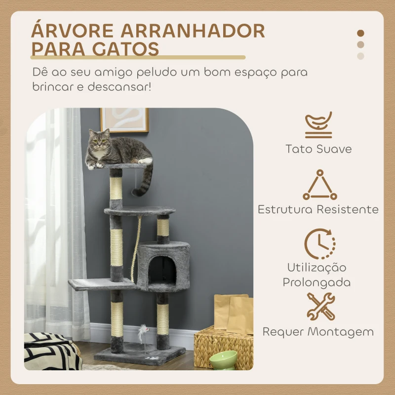 PawHut Arranhador para Gatos com 4 Níveis com Poste para Afiar as Garras Caverna Plataformas e Brinquedos 40x40x116 cm Cinzento Escuro