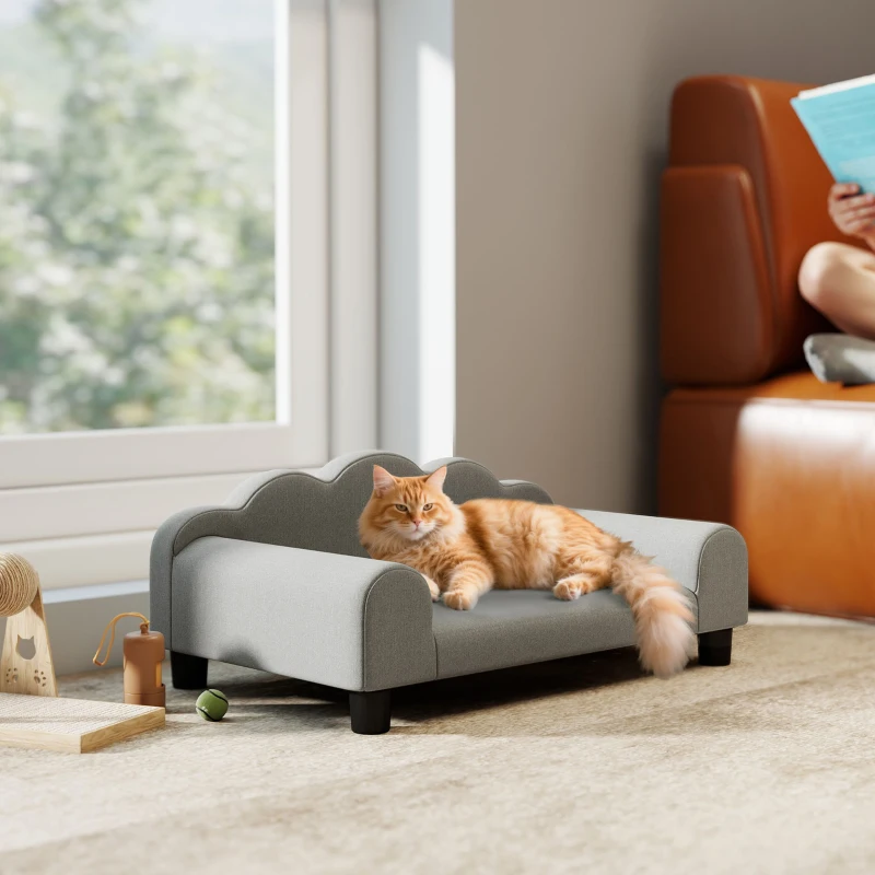 PawHut Canapé pour Chiens avec Accoudoirs de Support, en Bois et Tissu French Terry, 66x42x28.5 cm, Gris