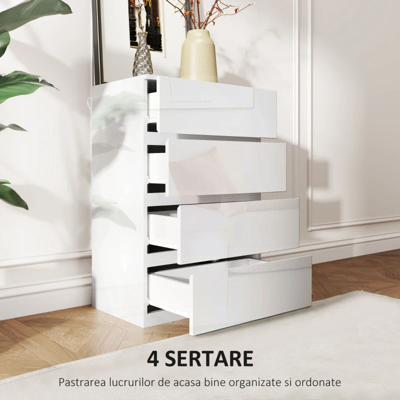 HOMCOM Comodă cu 4 Sertare din Lemn, Mobilier Modern și Multifuncțional pentru Dormitor, 55x33x80 cm, Alb