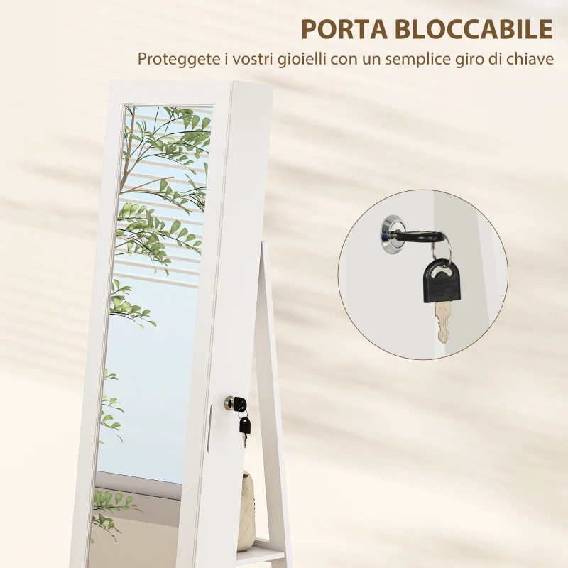 HOMCOM Specchio Portagioie 3 in 1 Girevole a 360°, Ripiani Posteriori e Anta con Chiave, 55x55x161 cm, Bianco