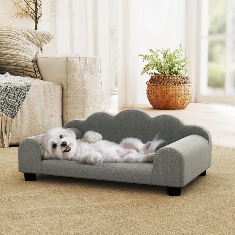 PawHut Sofá para Perros con Brazos de Apoyo en Madera y Tela de Rizo Francés 66x42x28,5 cm Gris