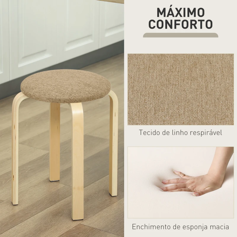 HOMCOM Conjunto de 4 Bancos Empilháveis Redondos Bancos Baixos de Cozinha com Assento Acolchoado Ø40x45 cm Caqui e Madeira