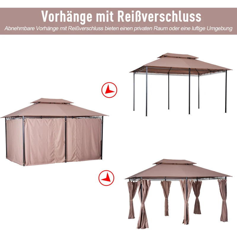 Outsunny Pavillon 3x4m Gartenpavillon mit 6 Seitenteilen Partyzelt Gartenzelt Festzelt mit Doppeldach Khaki
