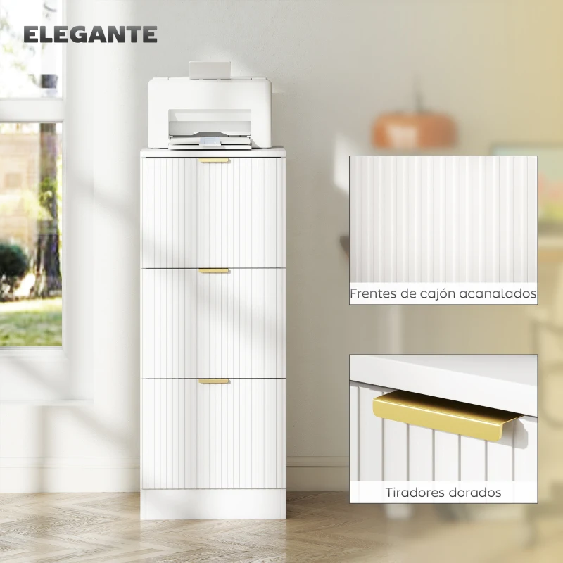 HOMCOM Cajonera de Escritorio con 3 Cajones Frentes Acanalados Mueble Archivador para Tamaño A4 o Carta 40x40x101 cm Blanco