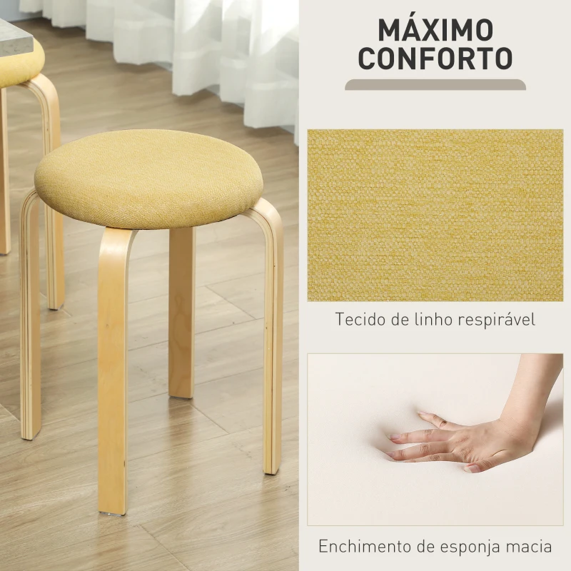 HOMCOM Conjunto de 4 Bancos Empilháveis Redondos Bancos Baixos de Cozinha com Assento Acolchoado Ø40x45 cm Amarelo e Madeira