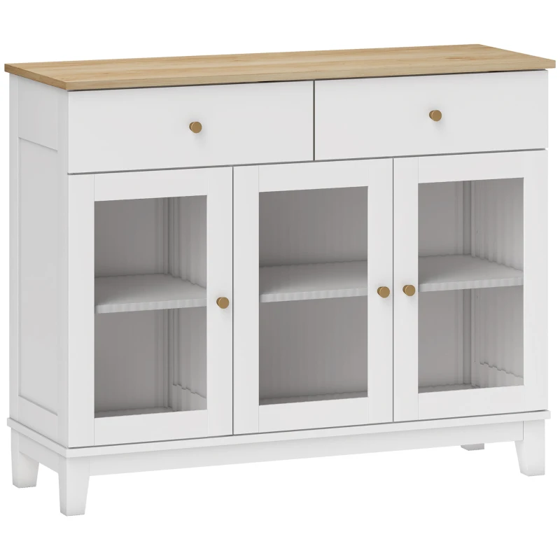 HOMCOM Aparador 3 Portas de Vidro Aparador para Sala Moderno com 2 Gavetas e Prateleiras Ajustáveis 100x35x80,3 cm Branco
