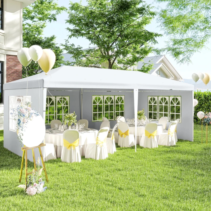 Outsunny Gazebo da Giardino per Eventi con 4 Pareti Rimovibili con Finestre, 5.8x2.9x2.5m, Bianco