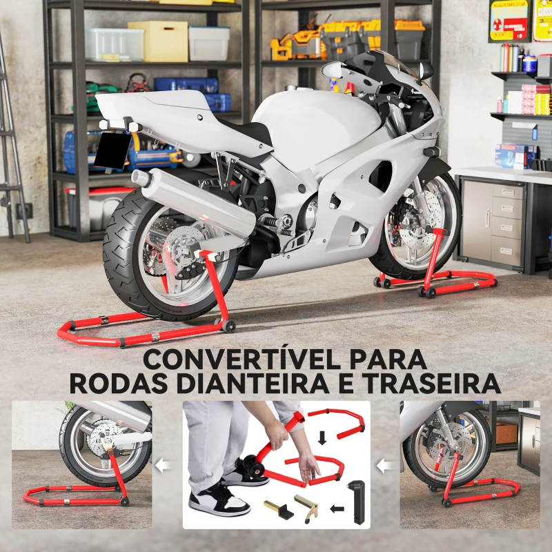 HOMCOM Suporte Roda Dianteira e Traseira para Mota Carga 390 kg Cavalete Moto Elevador Universal com Adaptadores de Garfos em U e L Ajustáveis e Rodas Vermelho