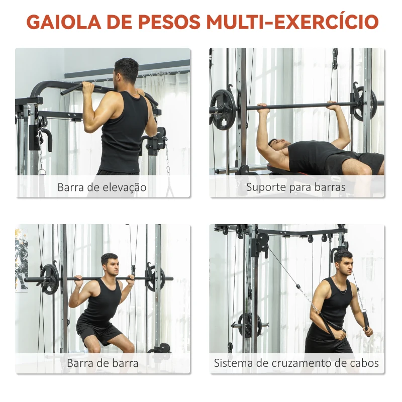 SPORTNOW Máquina Multi Estação de Musculação Máquina de Musculação com Suporte para Agachamentos e Barra para Pesos 210x132x225 cm Preto