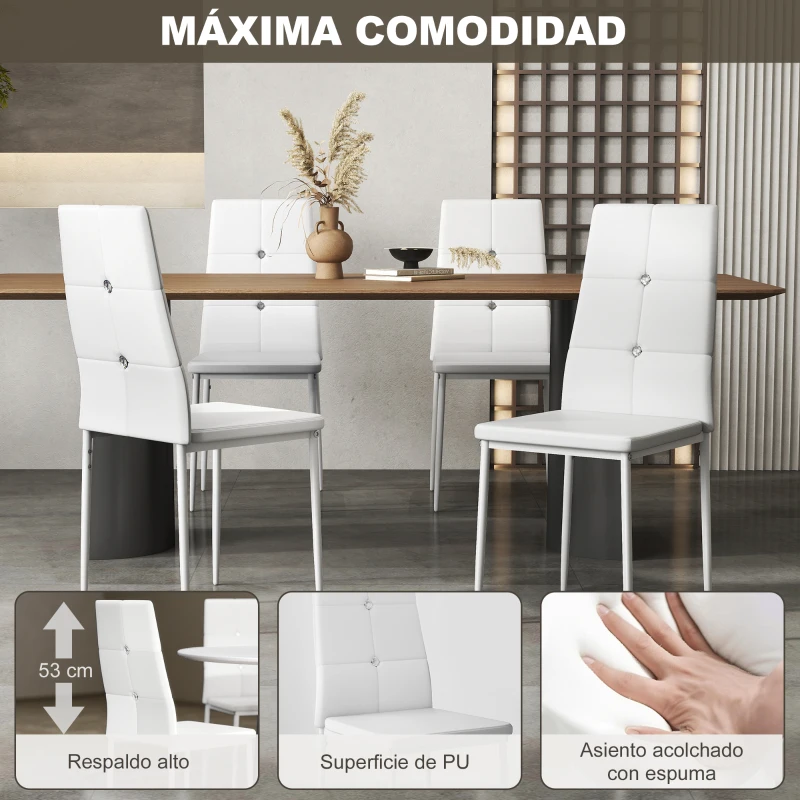 HOMCOM Juego de 6 Sillas de Comedor Tapizada en PU con Respaldo Alto con Botones y Patas de Acero Diseño Moderno Blanco