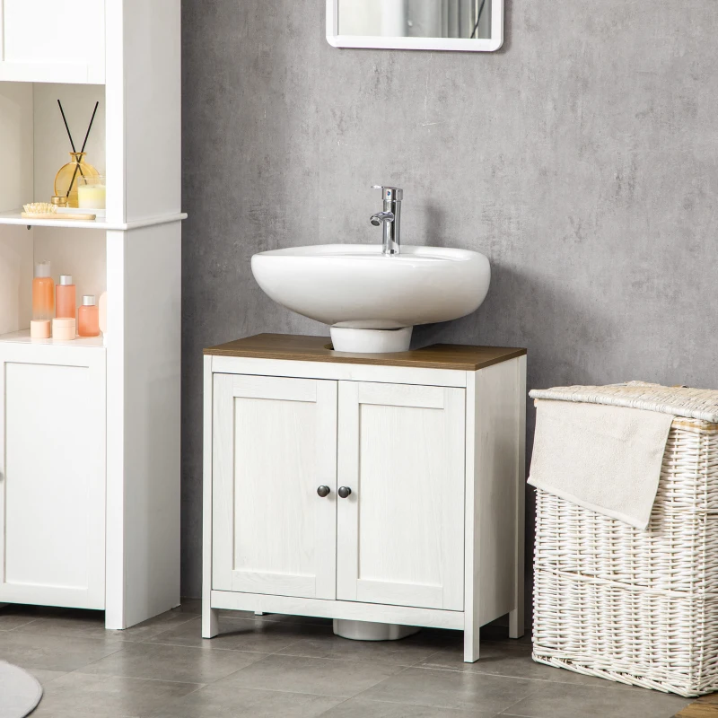kleankin Meuble sous lavabo meuble de salle de bain 2 portes avec étagère 60 x 30 x 60 cm blanc et aspect bois