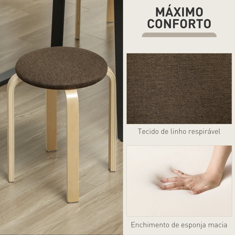 HOMCOM Conjunto de 4 Bancos Empilháveis Redondos Bancos Baixos de Cozinha com Assento Acolchoado Ø40x45 cm Marrom e Madeira