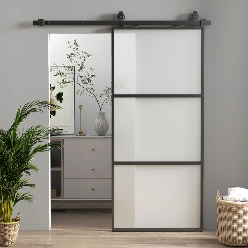 HOMCOM Puerta Corredera de Cristal con Herrajes Mecanismo Cierre Suave para Baño Salón 91,4x203,2 cm Negro