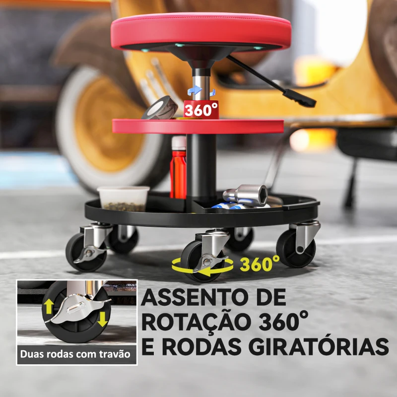 HOMCOM Banco de Oficina Giratório com Rodas Altura Ajustável de 40-51 cm Banco para Mecânico com 2 Bandejas para Ferramentas, Vermelho