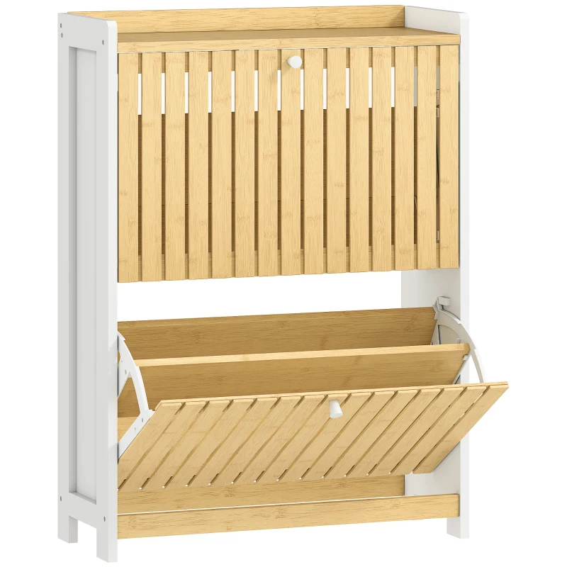 HOMCOM Sapateira Estreita com 2 Portas de Bambu Prateleiras Ajustáveis para 12 Pares de Sapatos 60x24x82,5 cm Branco e Madeira