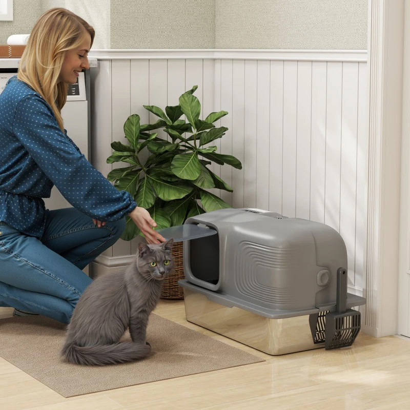 PawHut 65L Extra Large Stainless Steel Litter Tray with Plasma Deodoriser System, High Sided, Easy to Clean & Odour-Resistant