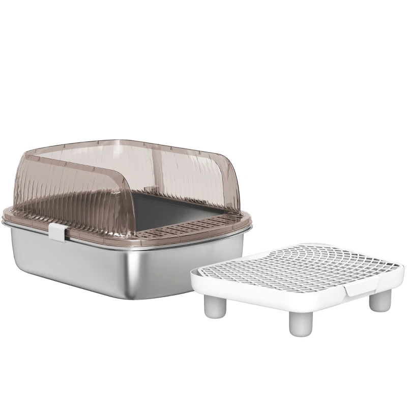PawHut Caixa de Areia para Gatos Fechada com Bandeja em Aço Inoxidável Bordas Altas Pá e Degrau para Gatos Grandes 53x42x27 cm Cinzento