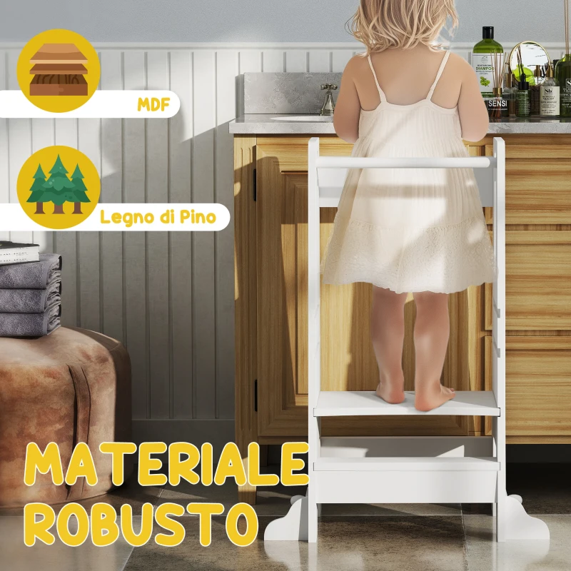 AIYAPLAY Scala Montessori per Bambini Regolabile su 3 Livelli con Barra di Sicurezza, in Legno, 45x47.5x91 cm, Bianco