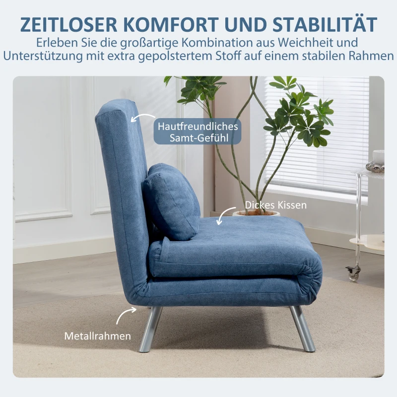 HOMCOM Polstersessel mit Bettfunktion, 3-in-1 Design, Schlafsessel, Gästebett, Stoffbezug, mit Kissen, Blau(m-6)