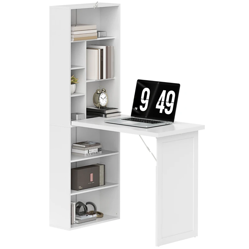 HOMCOM Scrivania per computer pieghevole con libreria, postazione di lavoro, lavagna e mensola regolabile, 98x51x153cm, bianco