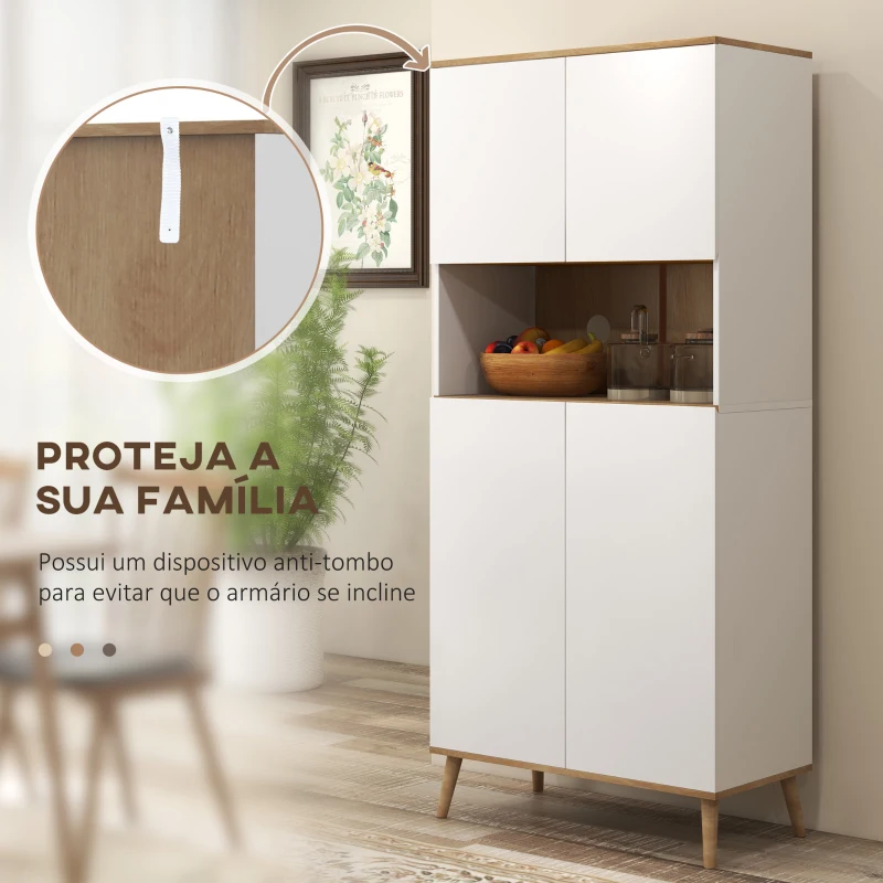 HOMCOM Armário de Cozinha com 4 Portas Bancada para Micro-Ondas Prateleiras Ajustáveis Orifício para Cabos 80x40x178 cm Branco
