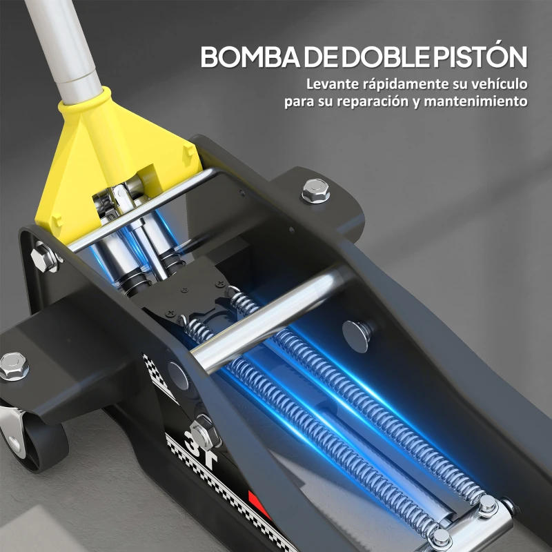 HOMCOM Gato Hidráulico para Coche 3T Altura de Elevación 75-505 mm con Bomba de Doble Pistón Ruedas Mango de Aluminio Amarillo