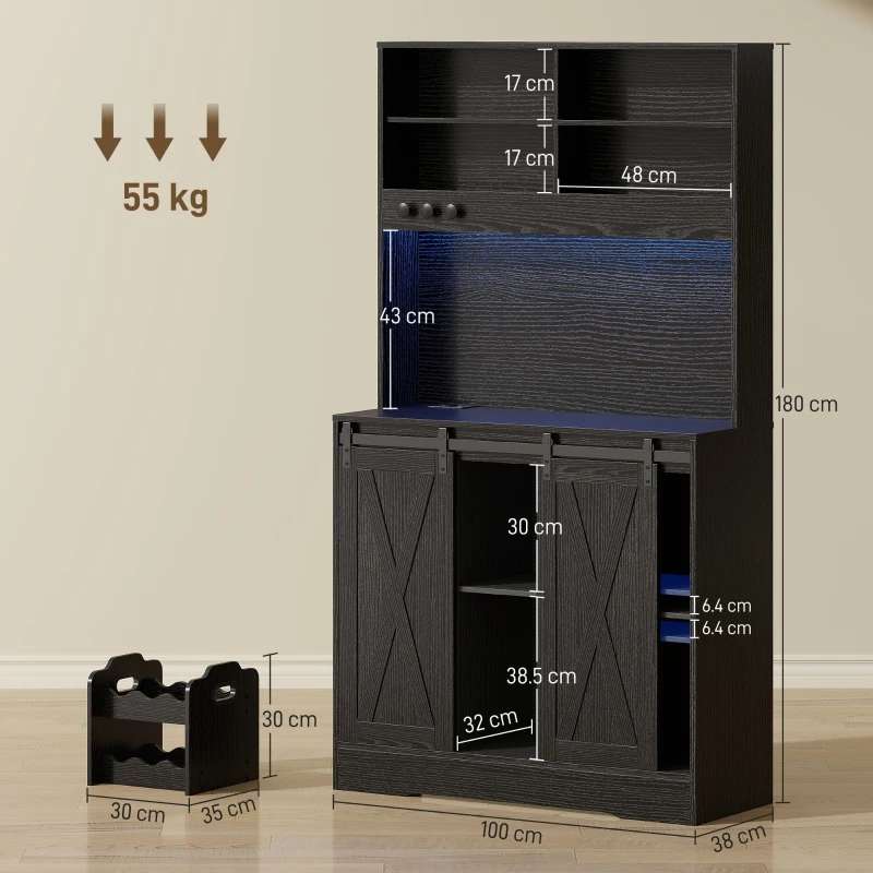 HOMCOM Credenza da Cucina Alta Stile Rustico con 2 Armadietti, Portabottiglie, Prese di Ricarica e Luci LED, Nero
