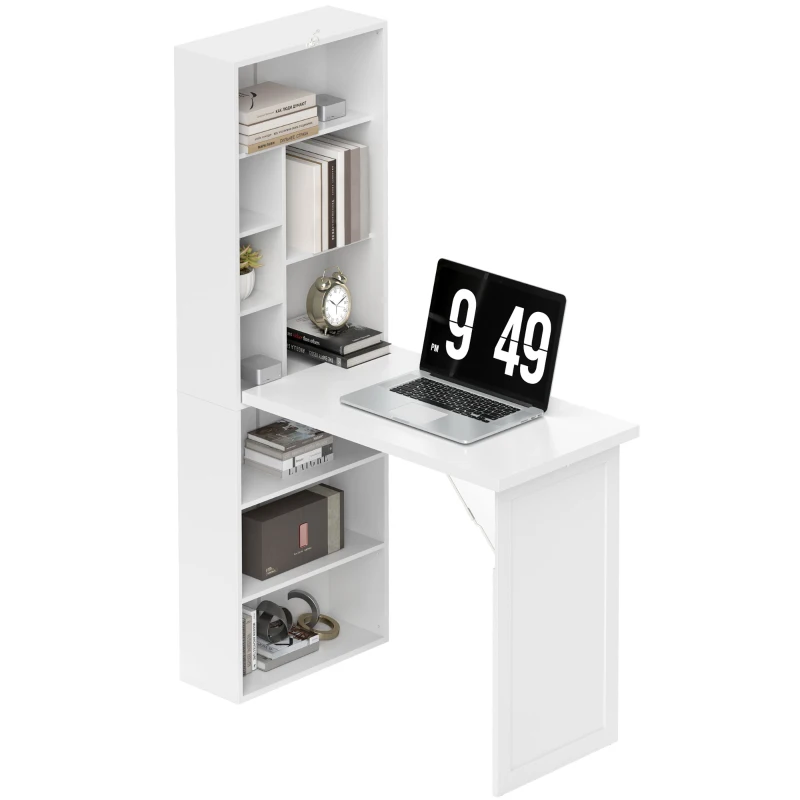 HOMCOM Scrivania per computer pieghevole con libreria, postazione di lavoro, lavagna e mensola regolabile, 98x51x153cm, bianco