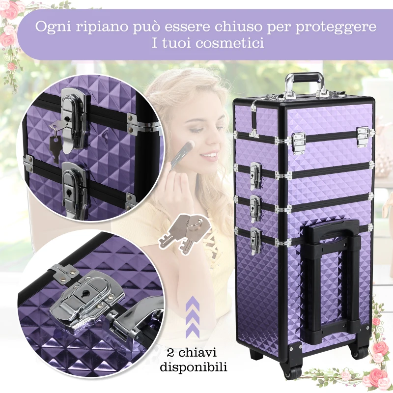 HOMCOM Valigia Porta Trucchi Professionale, Trolley Makeup da Viaggio in Alluminio, 2 Ruote, Viola 33.5x23x76/95.5cm