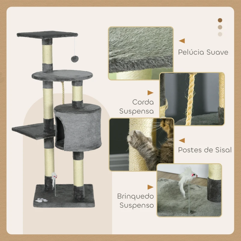 PawHut Arranhador para Gatos com 4 Níveis com Poste para Afiar as Garras Caverna Plataformas e Brinquedos 40x40x116 cm Cinzento Escuro