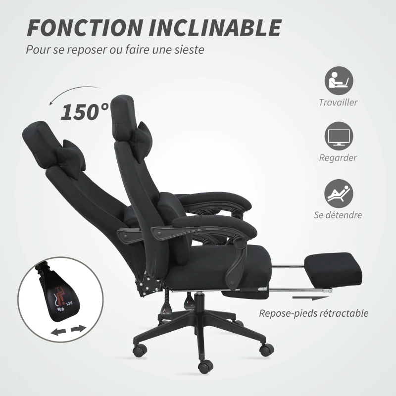 Vinsetto Fauteuil de bureau chaise de bureau grand confort dossier réglable repose-pied roulettes 360° lin 62 x 68 x 127 cm noir