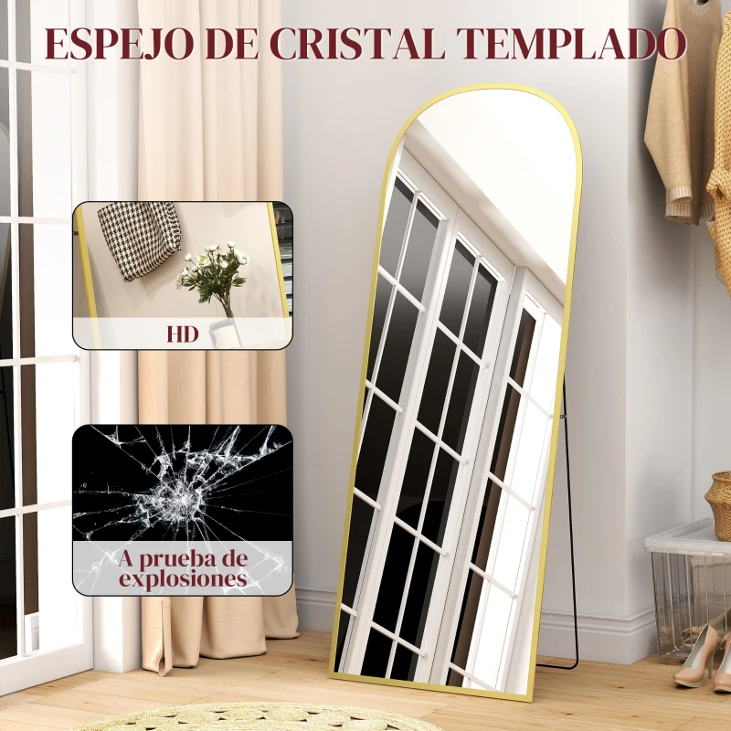 HOMCOM Espejo de Pie Cuerpo Entero de Aleación de Aluminio Espejo de Pared con 2 Formas de Uso Rectangular 60x1,5x165 cm Dorado