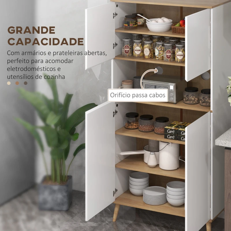 HOMCOM Armário de Cozinha com 4 Portas Bancada para Micro-Ondas Prateleiras Ajustáveis Orifício para Cabos 80x40x178 cm Branco