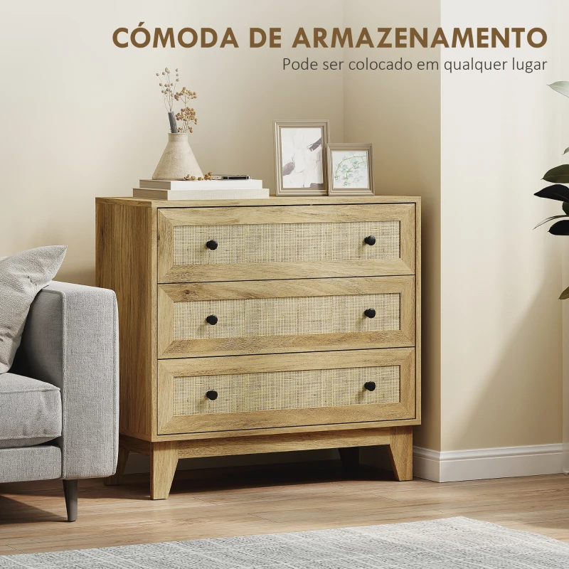 HOMCOM Cómoda com 3 Gavetas Cómoda de Madeira com Gavetas de Vime e Pés Elevados 80x35x76 cm Madeira