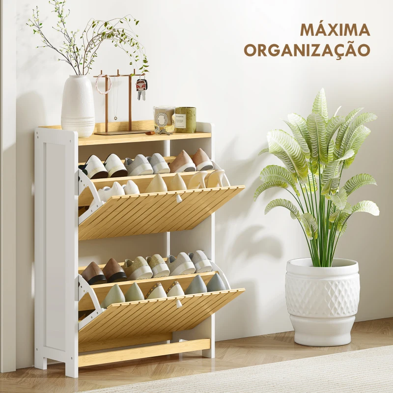 HOMCOM Sapateira Estreita com 2 Portas de Bambu Prateleiras Ajustáveis para 12 Pares de Sapatos  60x24x82,5 cm Branco e Madeira