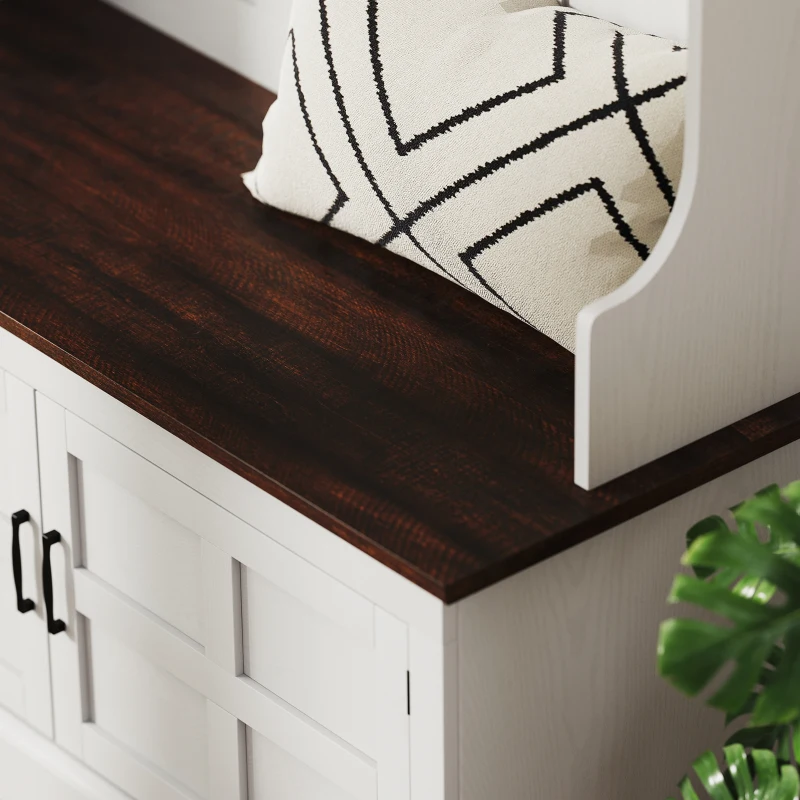 HOMCOM Móvel Cabide de Entrada com Banco Sapateira 5 Ganchos 3 Prateleiras Armário e Compartimentos Estilo Rústico 105x40x180 cm Branco